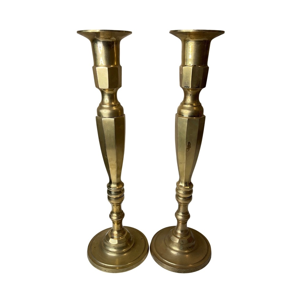 Vintage 19" Brass Candle Sticks (Set 2) Cylindrical Tall Stem Patina MCM Classic